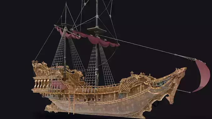 Realistic pirate ship Low-poly 3D model