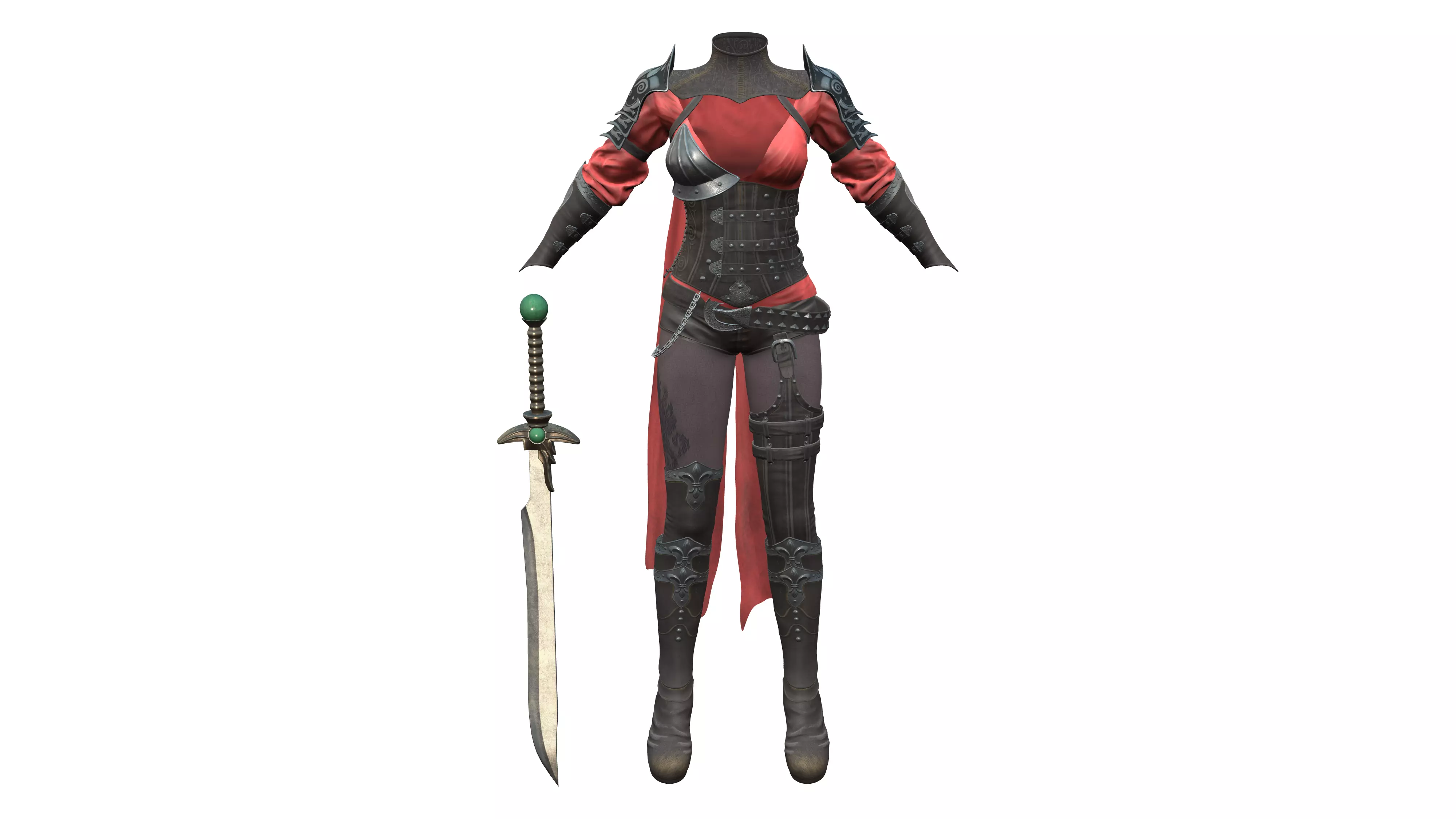 Medieval Fantasy Outfit Top Pants Shoes Gloves Sword Low-poly 3D model
