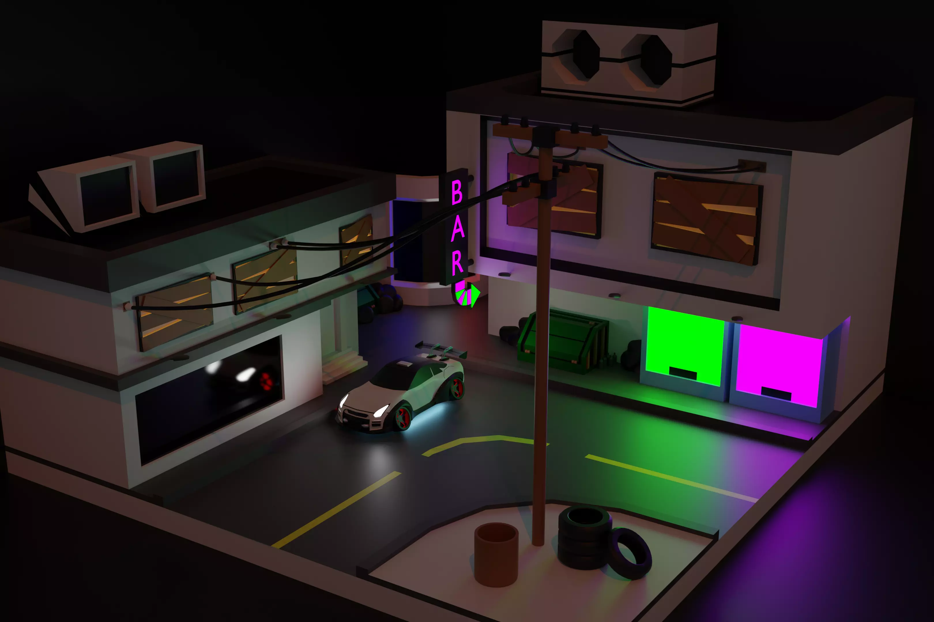 a scene with a car and buildings 3D model_0