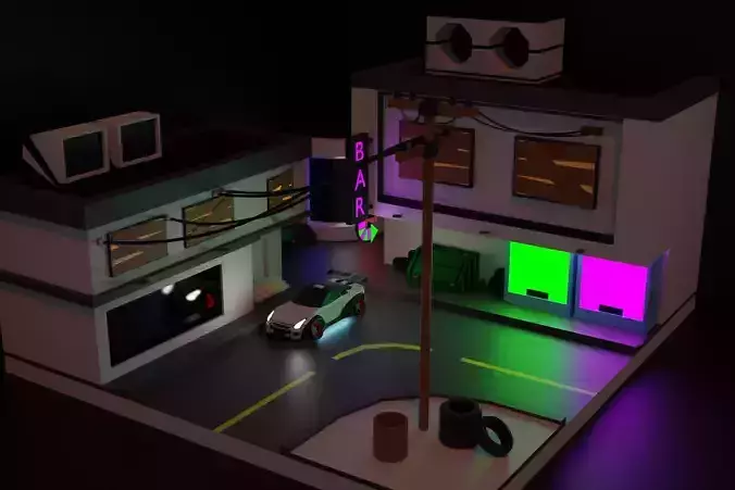 a scene with a car and buildings