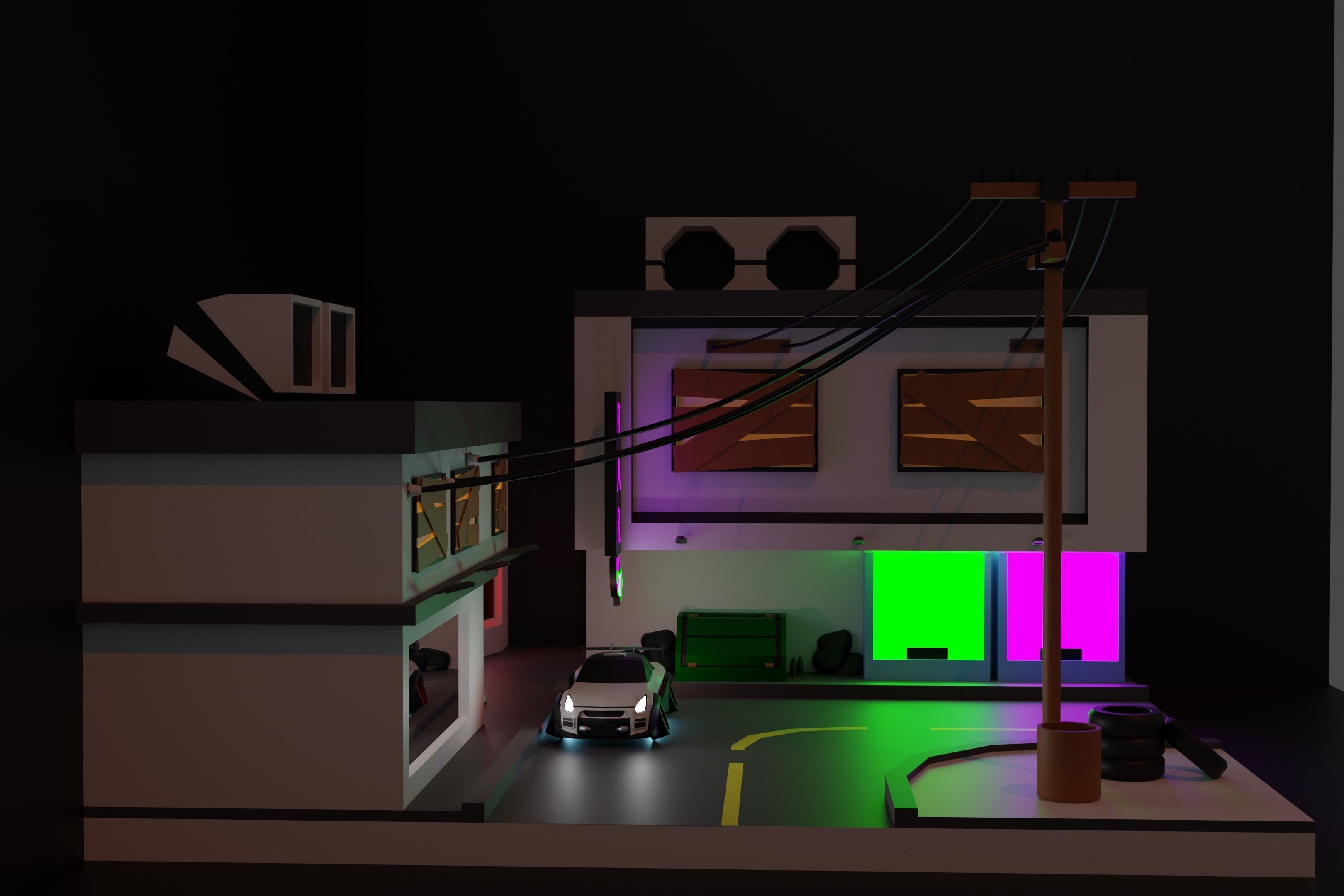 a scene with a car and buildings 3D model_2