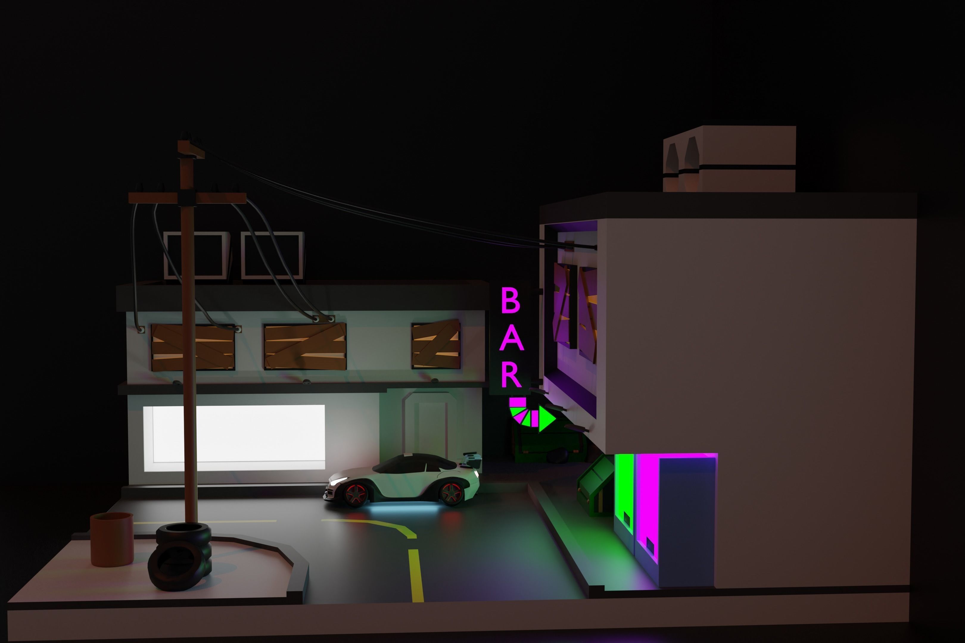 a scene with a car and buildings 3D model_1