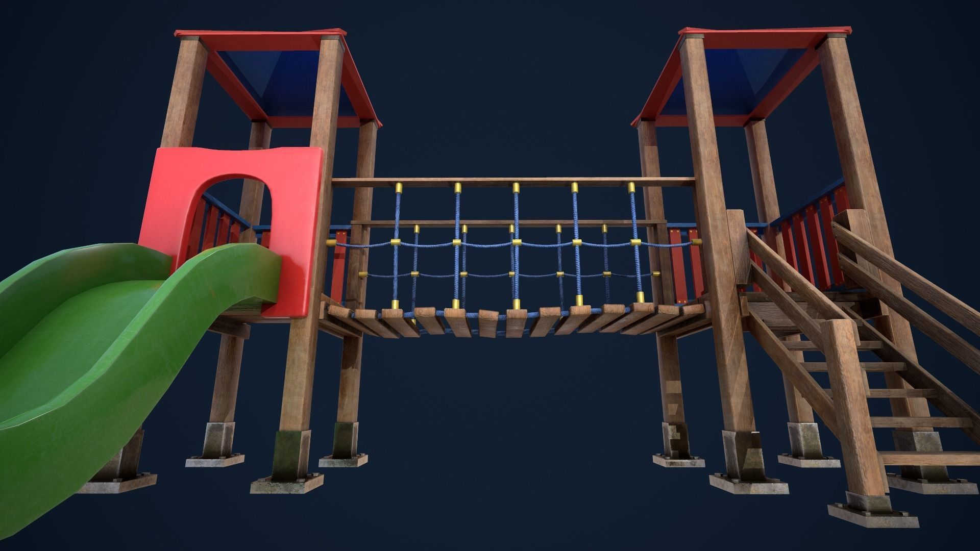 Playground wooden bridge with slide Low-poly 3D model_9