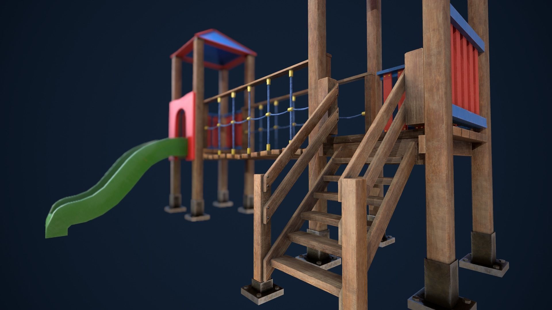 Playground wooden bridge with slide Low-poly 3D model_4