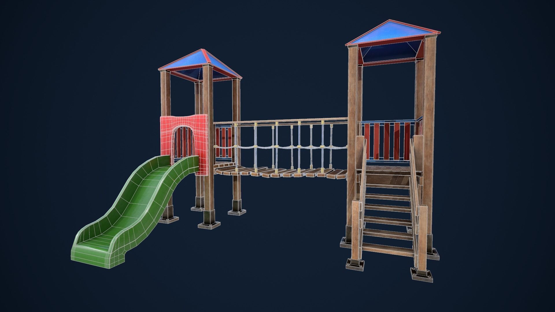 Playground wooden bridge with slide Low-poly 3D model_1