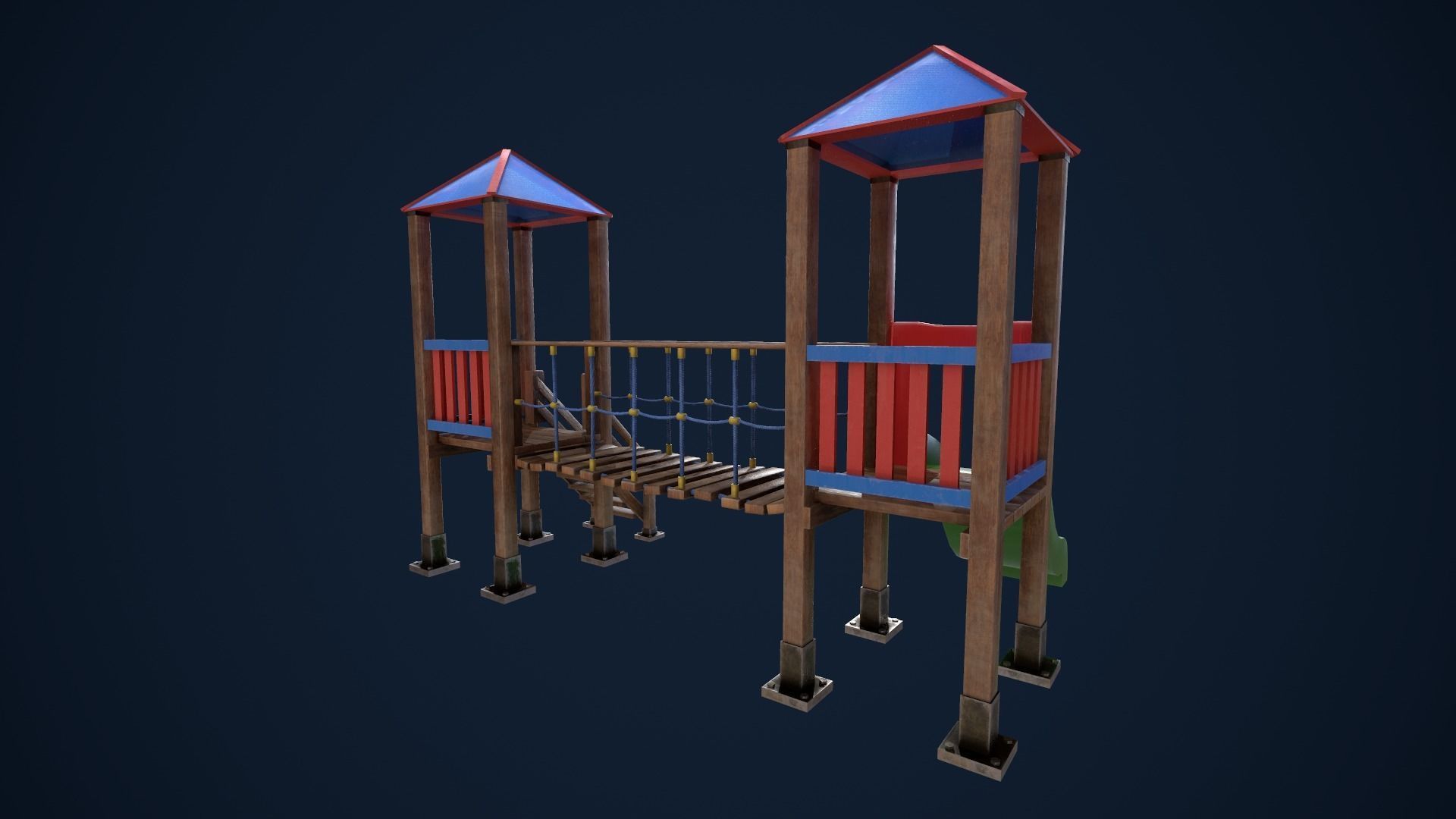 Playground wooden bridge with slide Low-poly 3D model_8