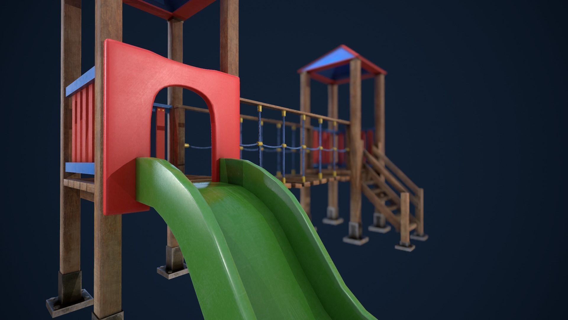 Playground wooden bridge with slide Low-poly 3D model_2