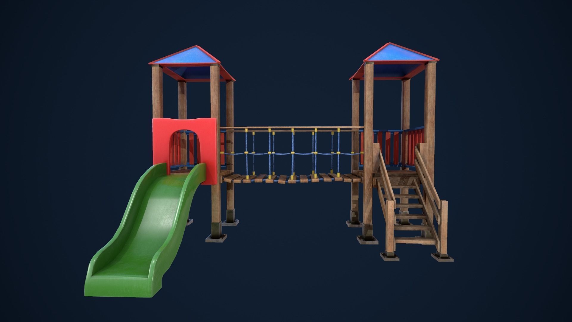 Playground wooden bridge with slide Low-poly 3D model_7