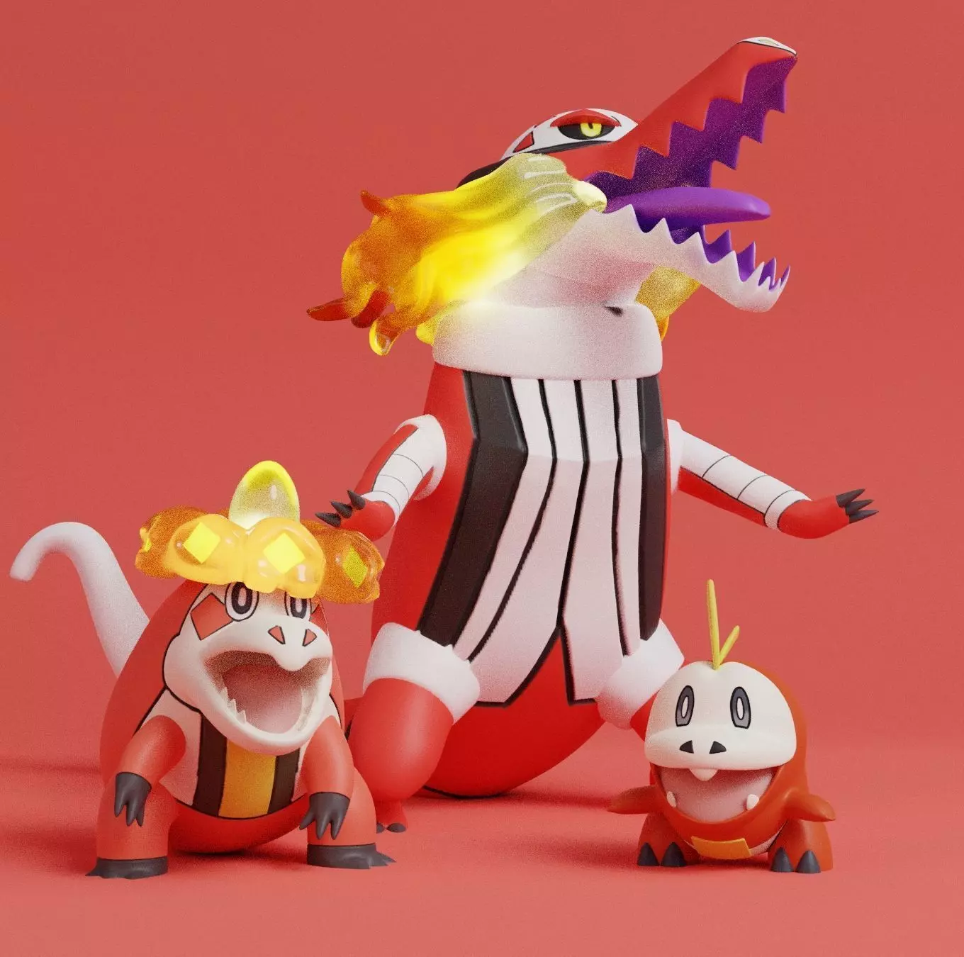 Pokemon - Fuecoco Crocalor and Skeledirge with 2 poses 3D print model