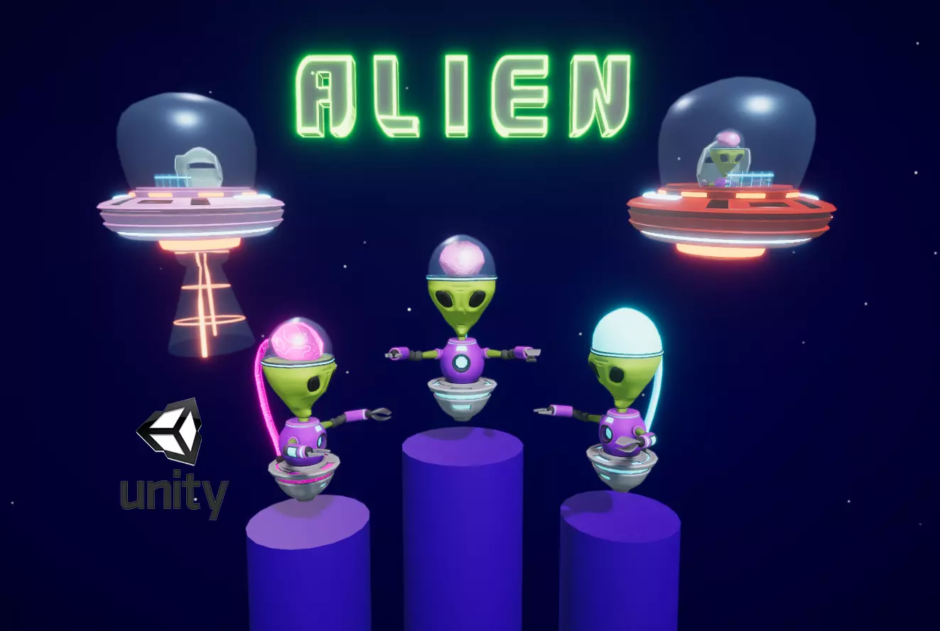 Cartoon Style UFO and Alien Sci-fi Game asset Low-poly 3D model_0