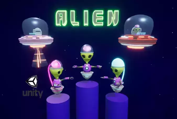 Cartoon Style UFO and Alien Sci-fi Game asset
