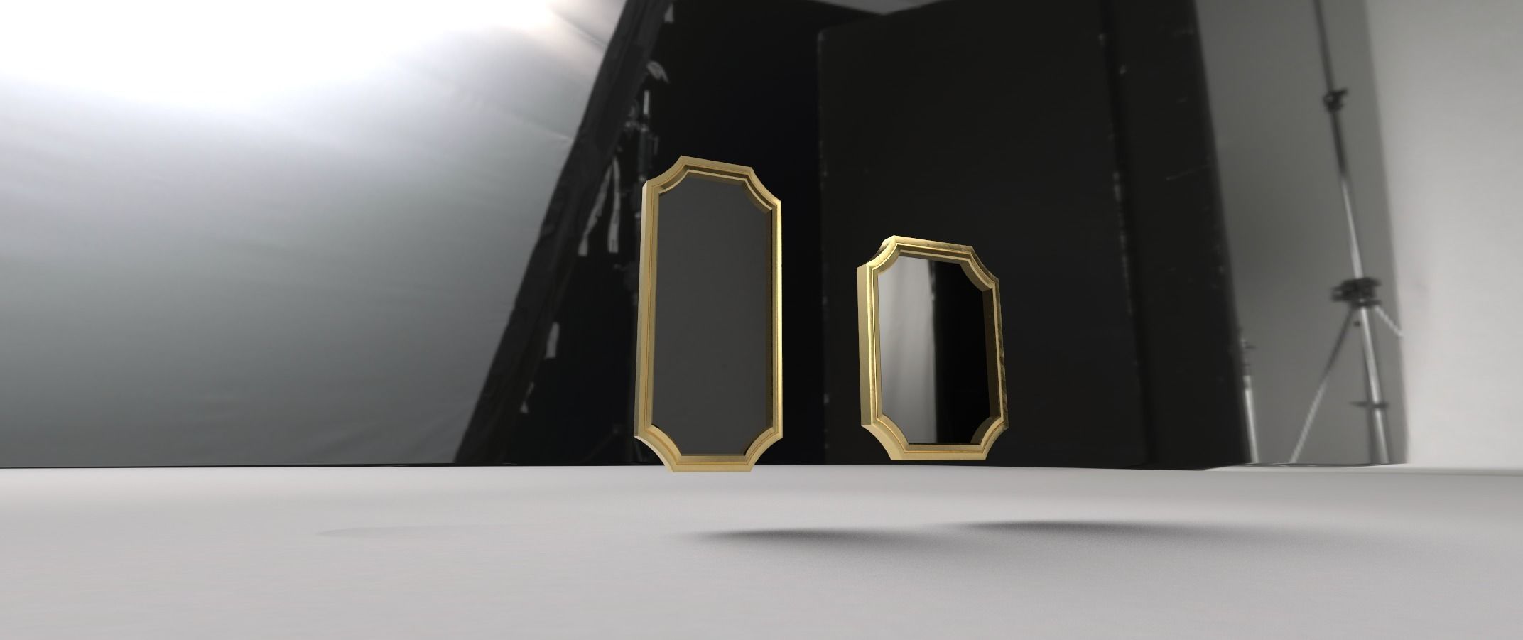 Set 2 mirrors 3D model two gold earrings on table 3D model_1