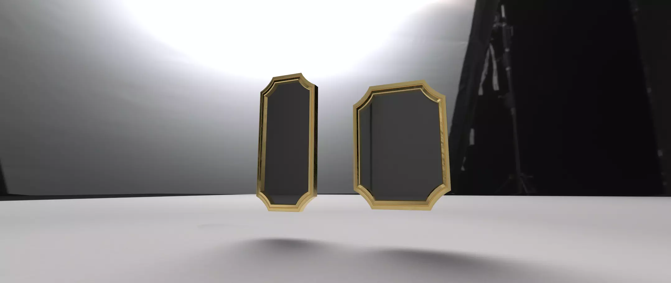 Set 2 mirrors 3D model two gold earrings on table 3D model_0