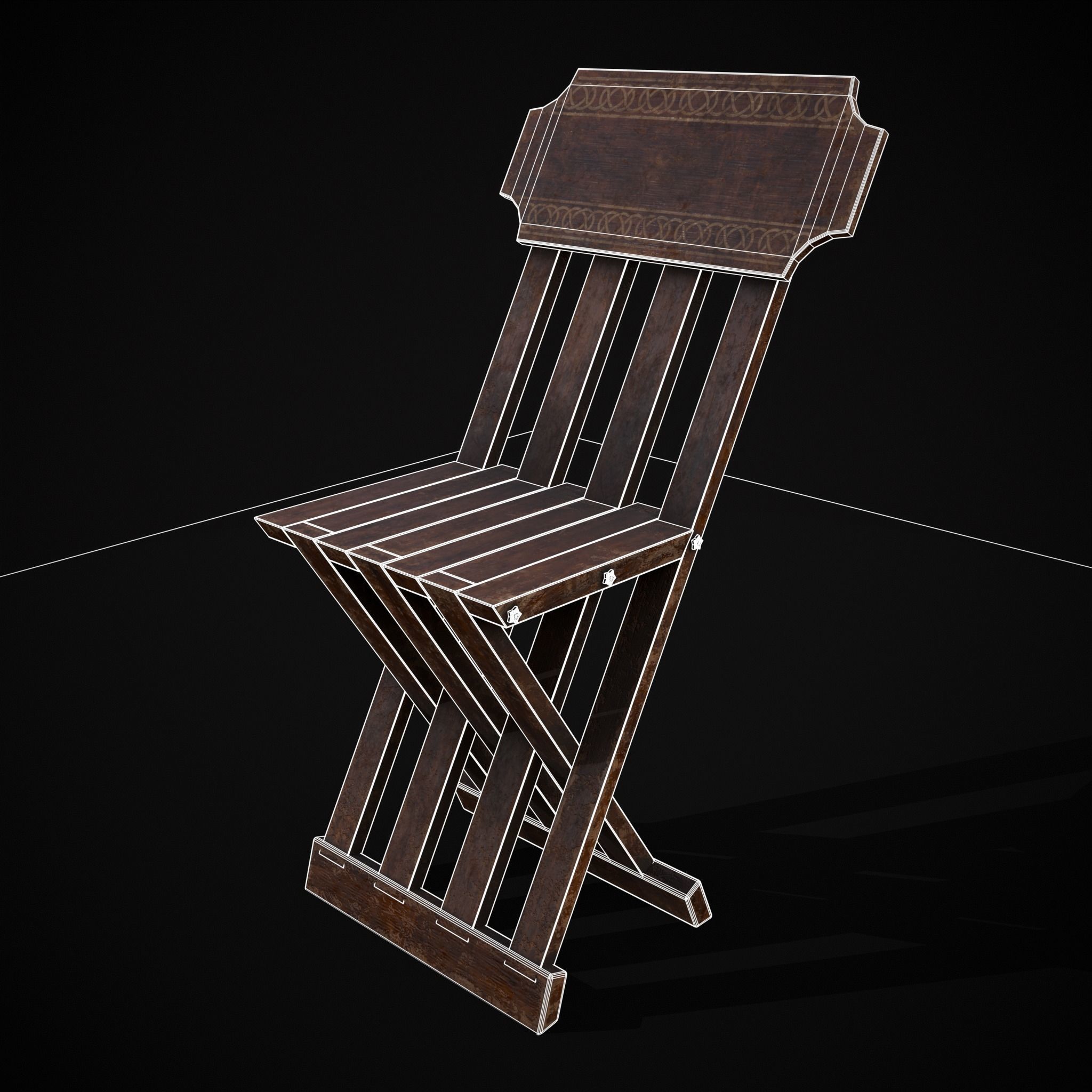 Rustic Medieval Folding Chair Low-poly 3D model_2