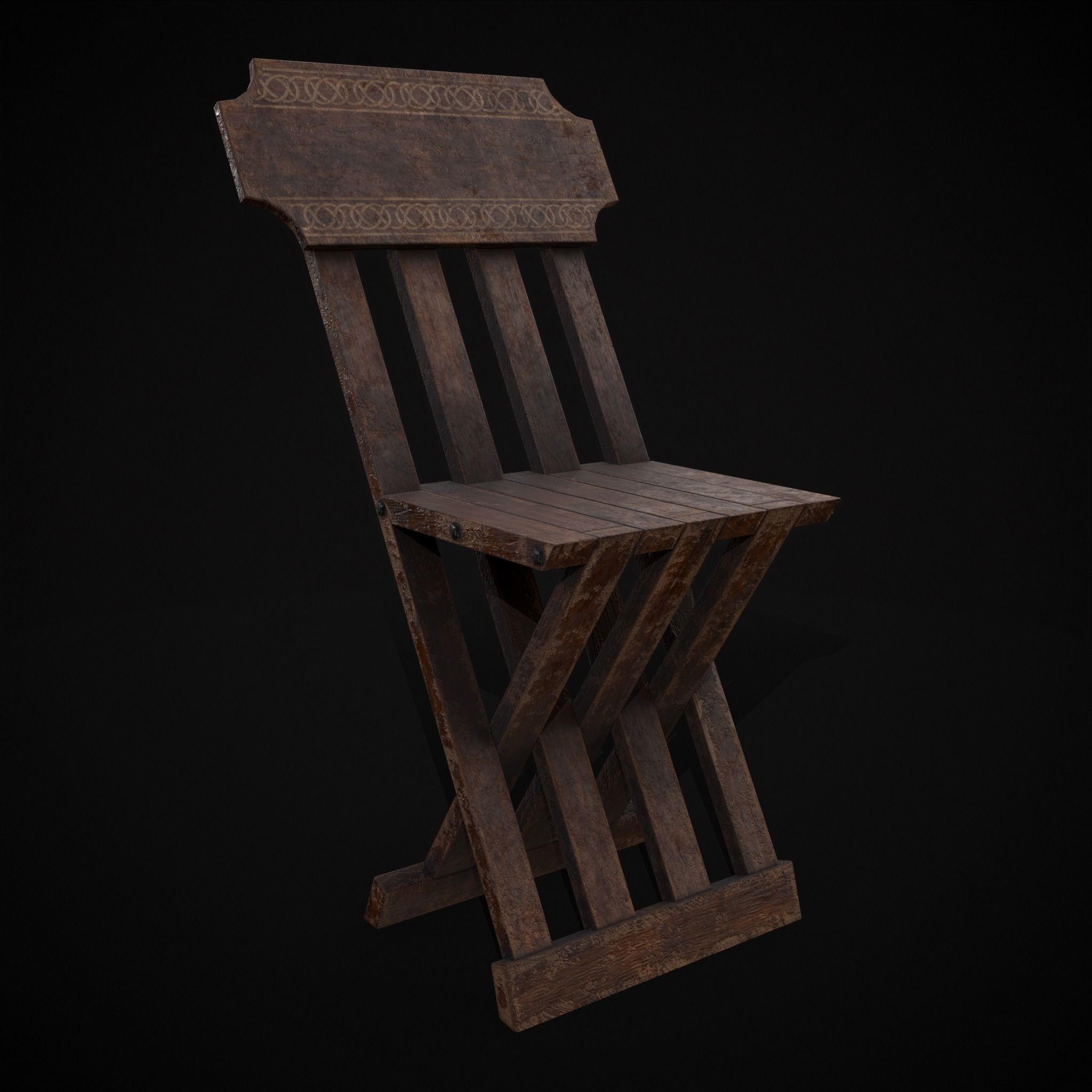 Rustic Medieval Folding Chair Low-poly 3D model_31
