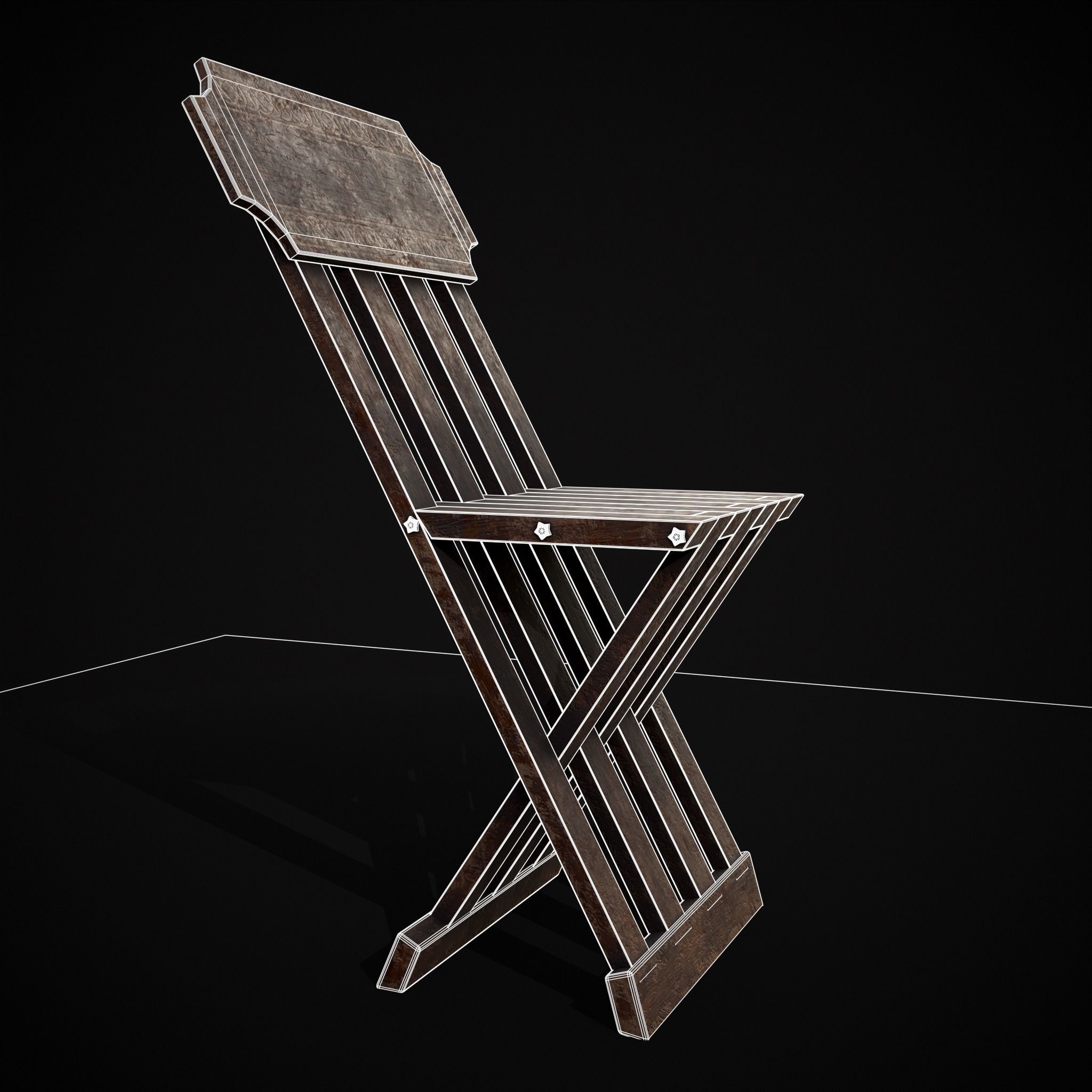 Rustic Medieval Folding Chair Low-poly 3D model_4