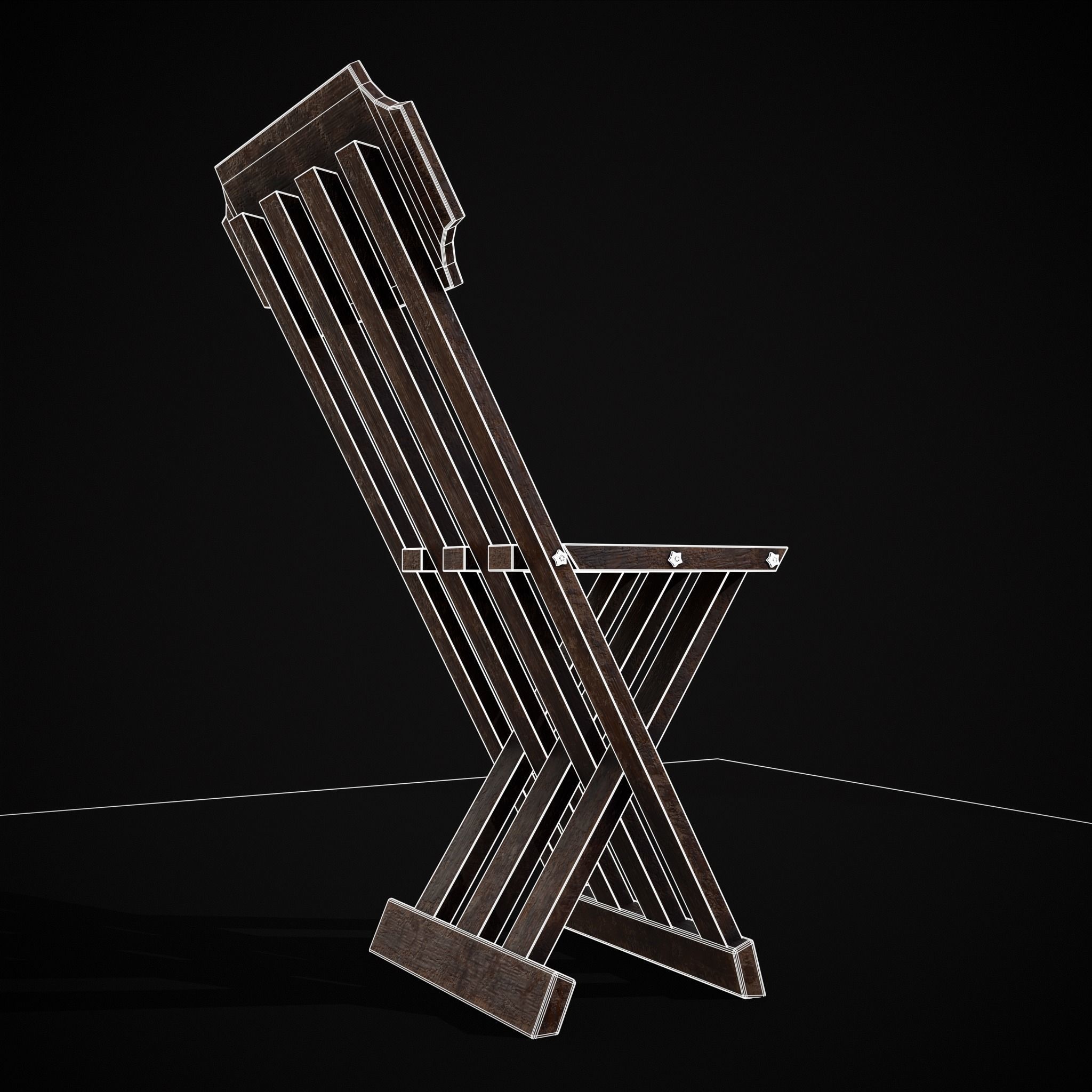 Rustic Medieval Folding Chair Low-poly 3D model_10