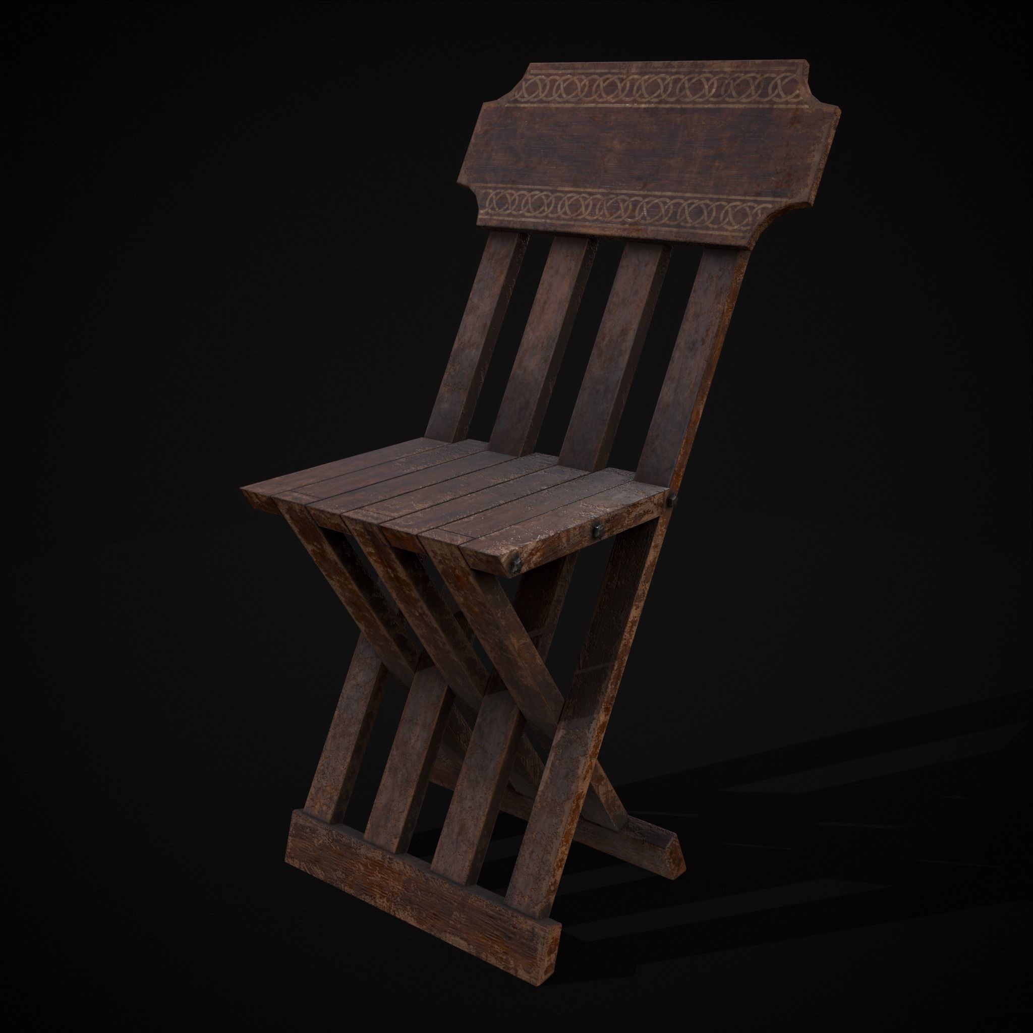 Rustic Medieval Folding Chair Low-poly 3D model_11