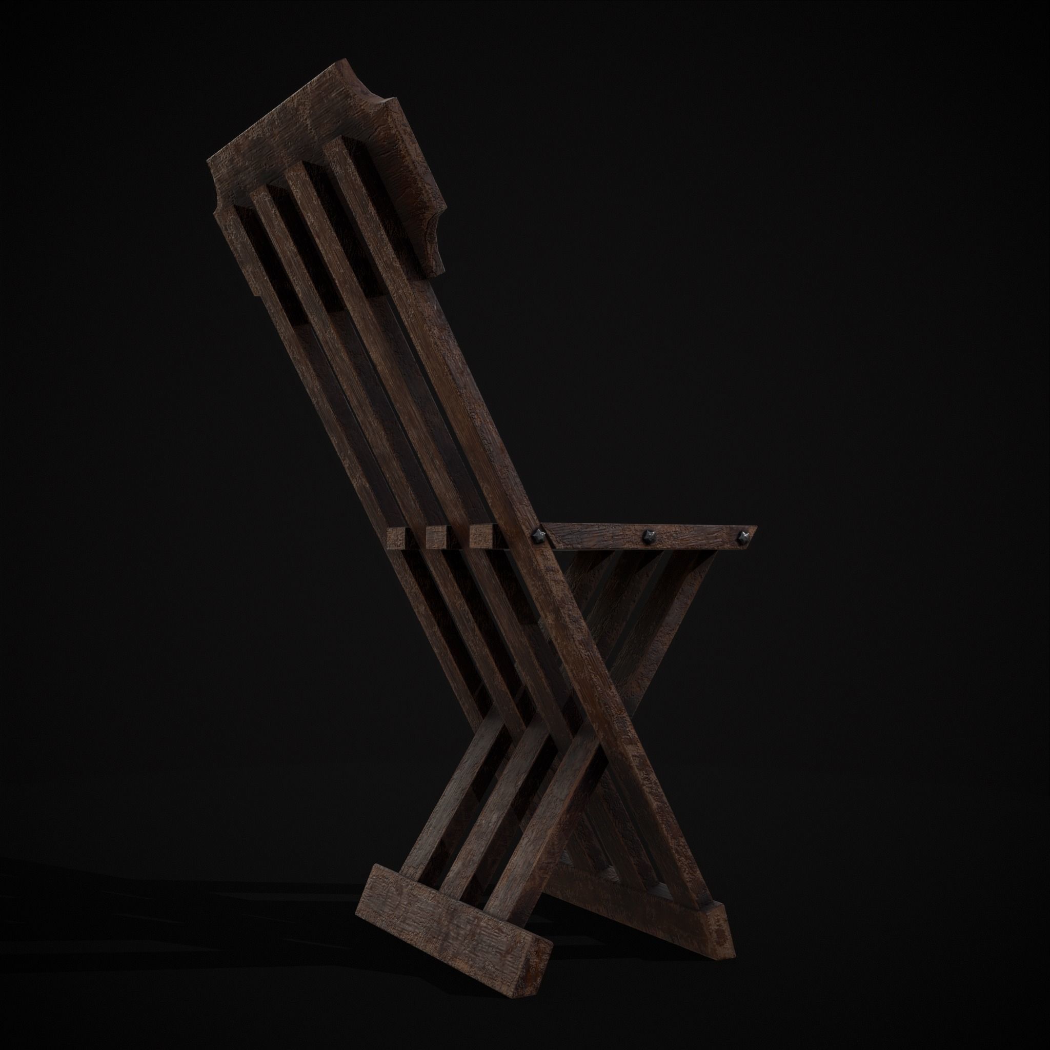 Rustic Medieval Folding Chair Low-poly 3D model_9