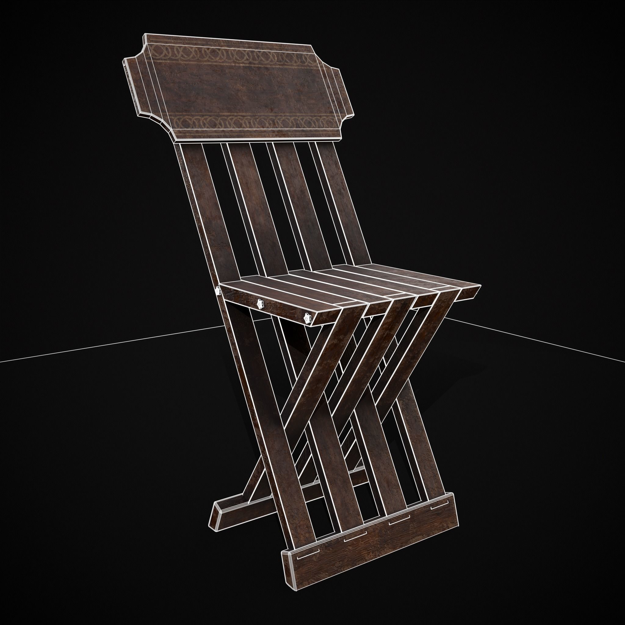 Rustic Medieval Folding Chair Low-poly 3D model_32