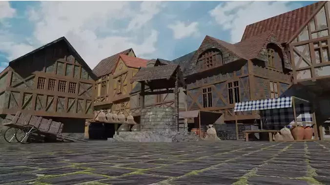 game ready medieval scene UV-unwrapped Low-poly 3D model