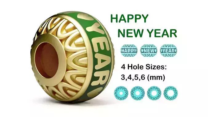 Bead For Charm Bracelet - HAPPY NEW YEAR  - 4 hole sizes 3D print model