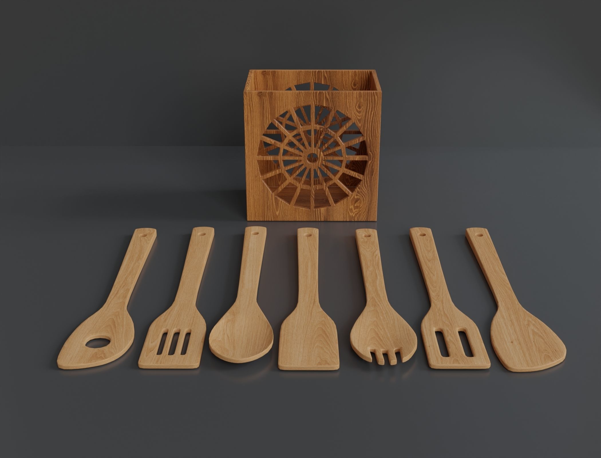 Wooden kitchenware set with stand Low-poly 3D model_1