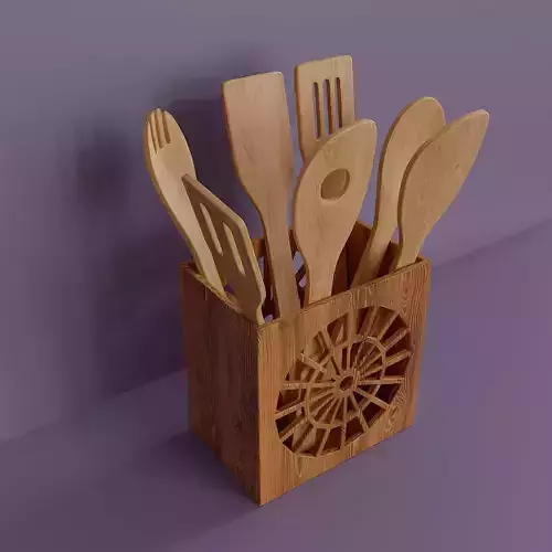 Wooden kitchenware set with stand Low-poly 3D model