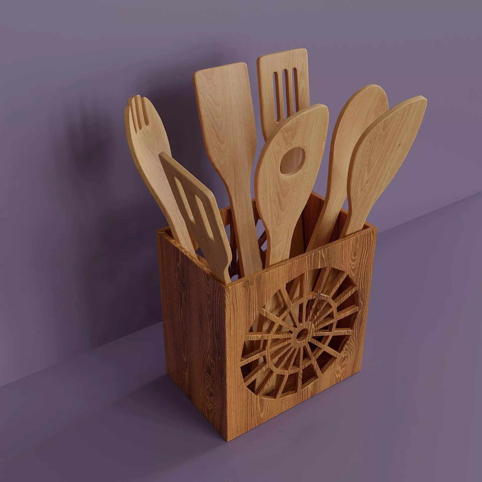 Wooden kitchenware set with stand Low-poly 3D model_0