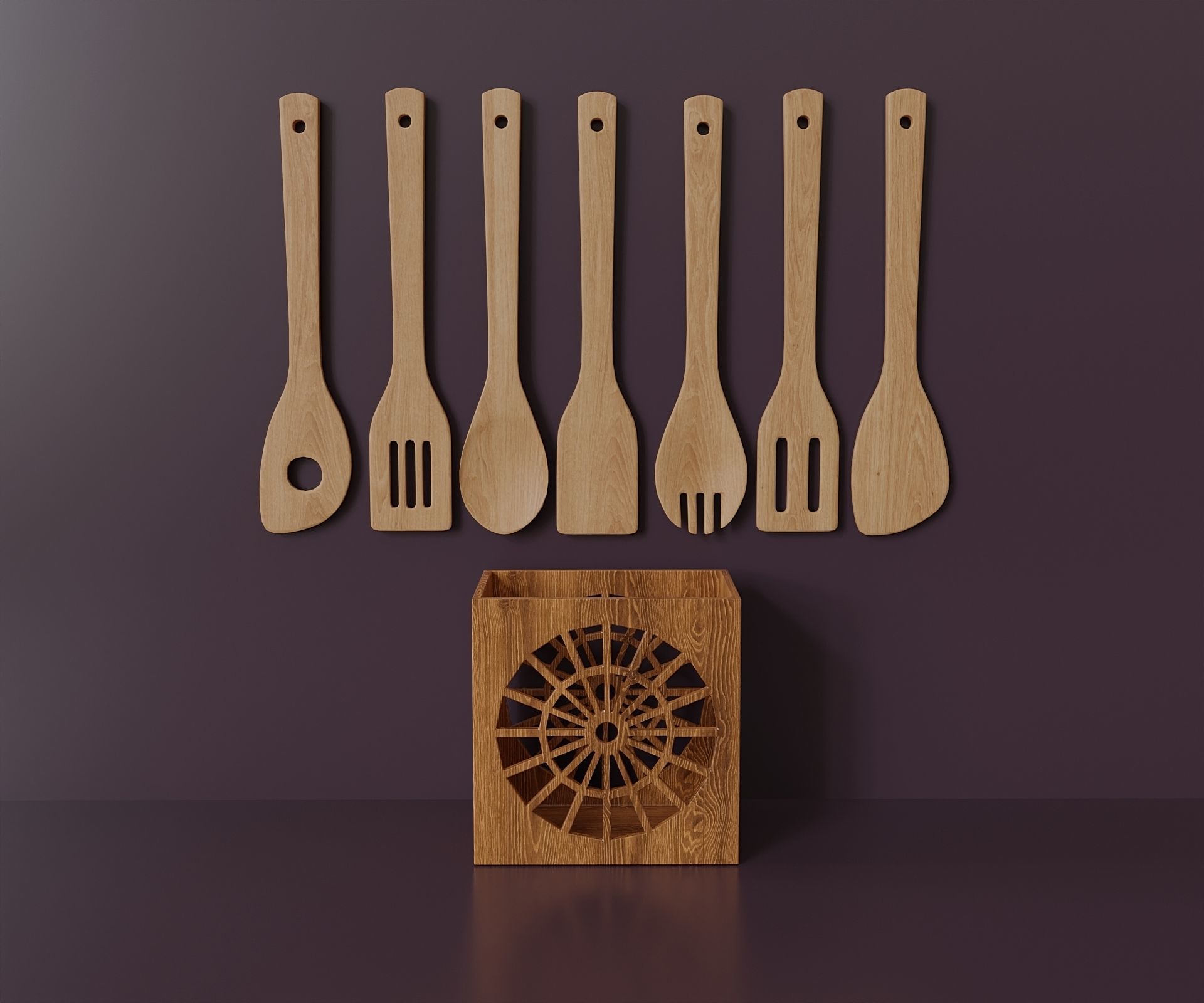 Wooden kitchenware set with stand Low-poly 3D model_2