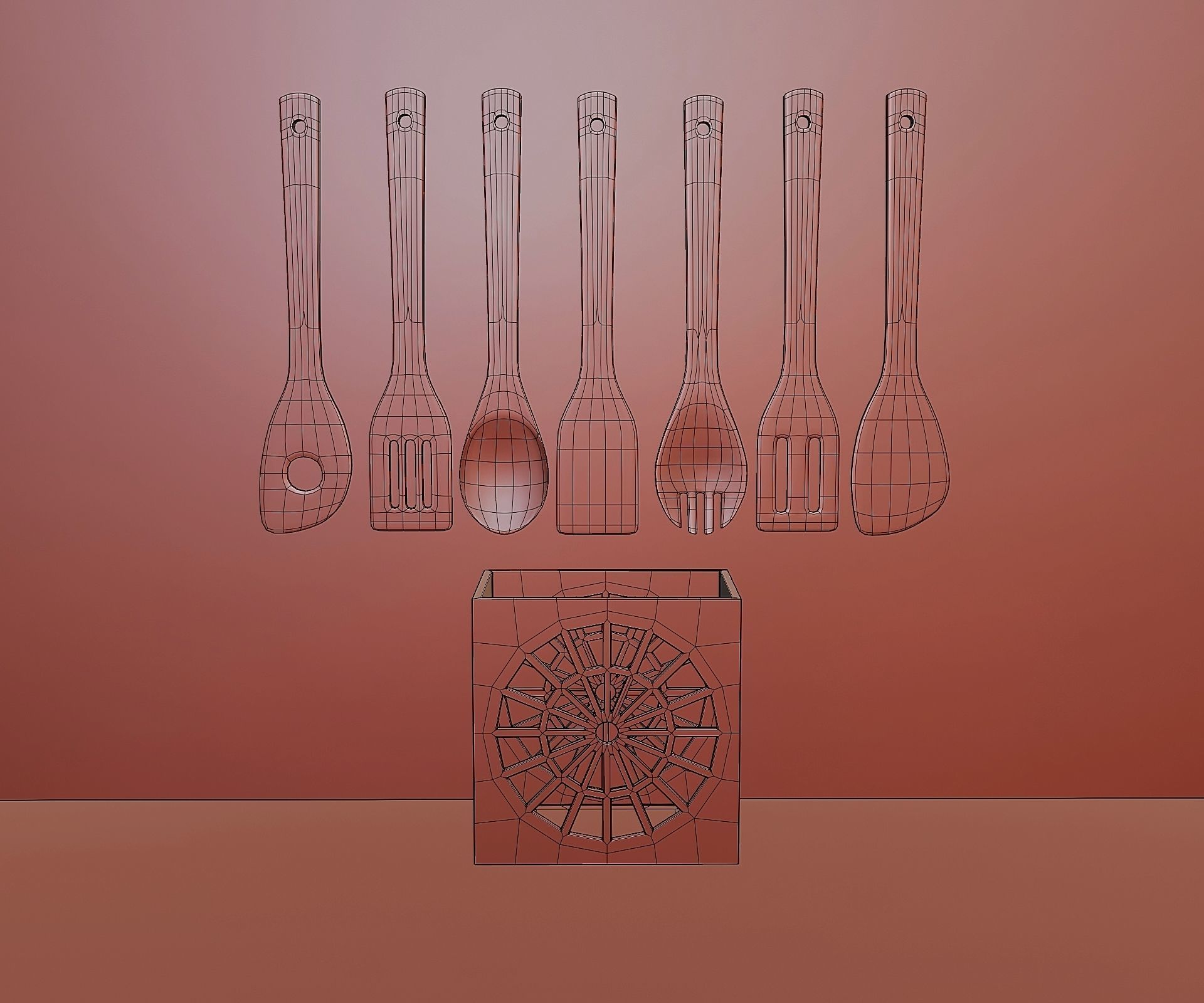 Wooden kitchenware set with stand Low-poly 3D model_6