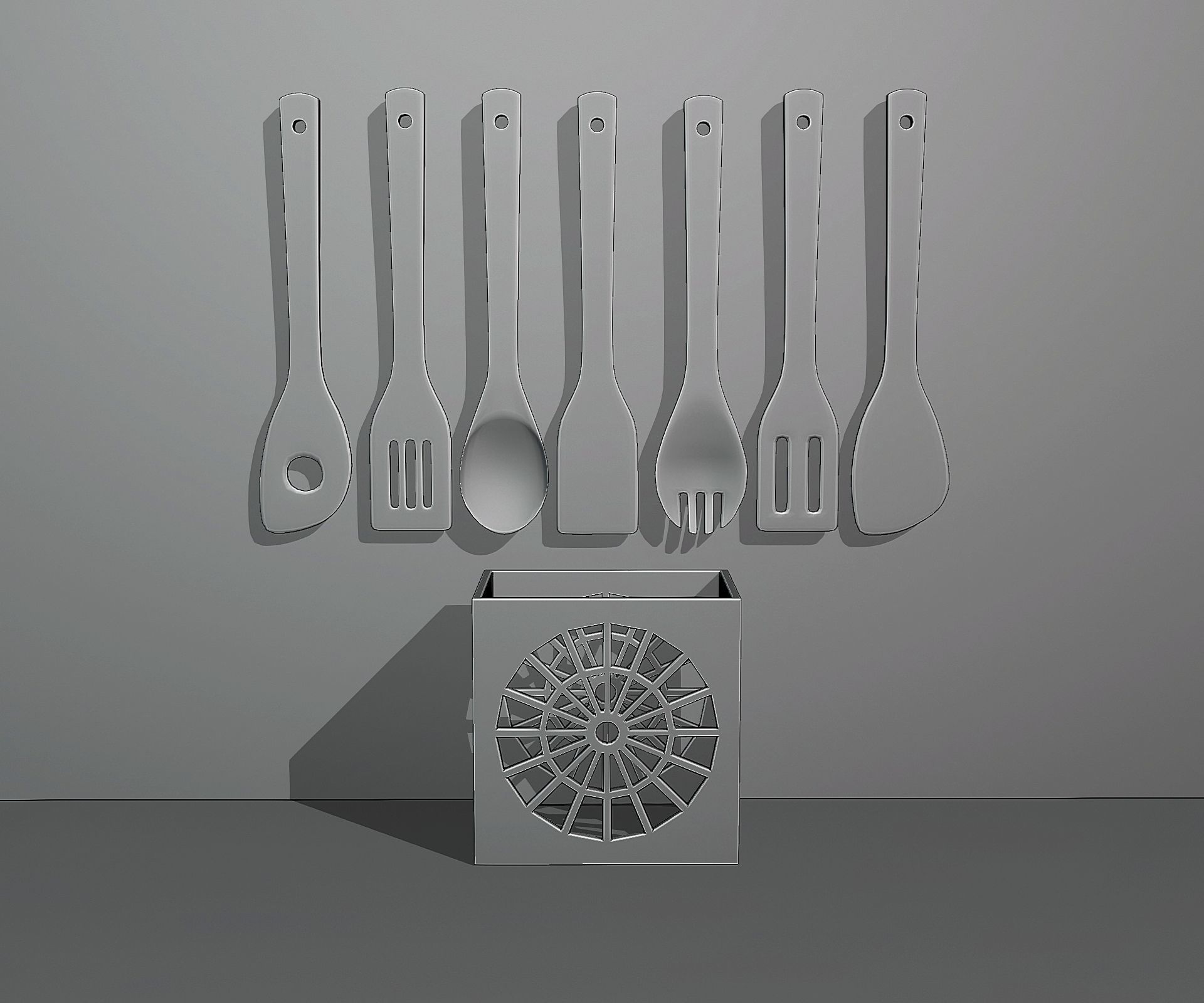 Wooden kitchenware set with stand Low-poly 3D model_5