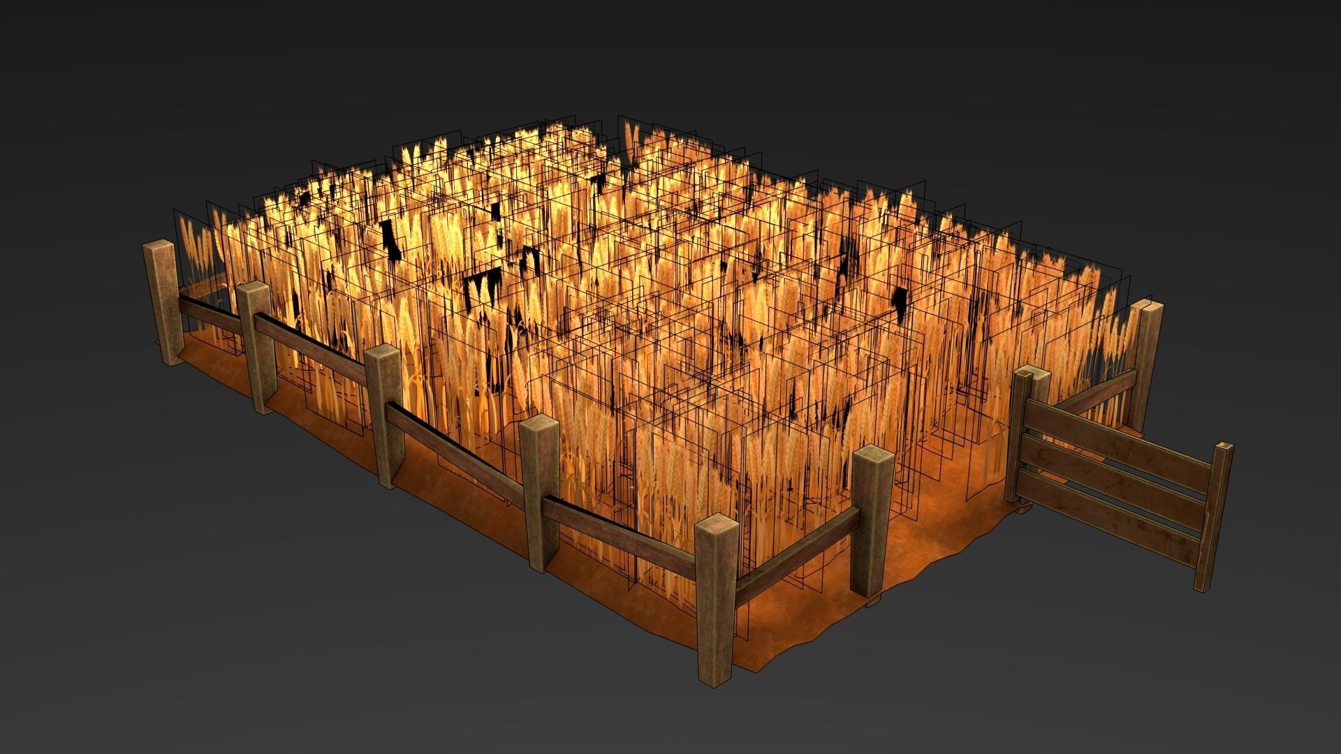 Field wheat with wooden fence Low-poly 3D model_3
