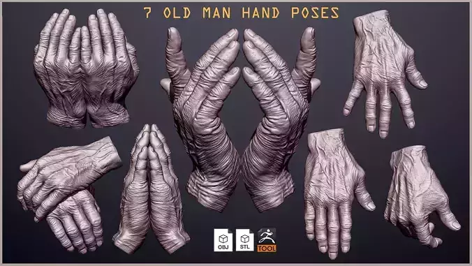 Old man hand poses 3D model