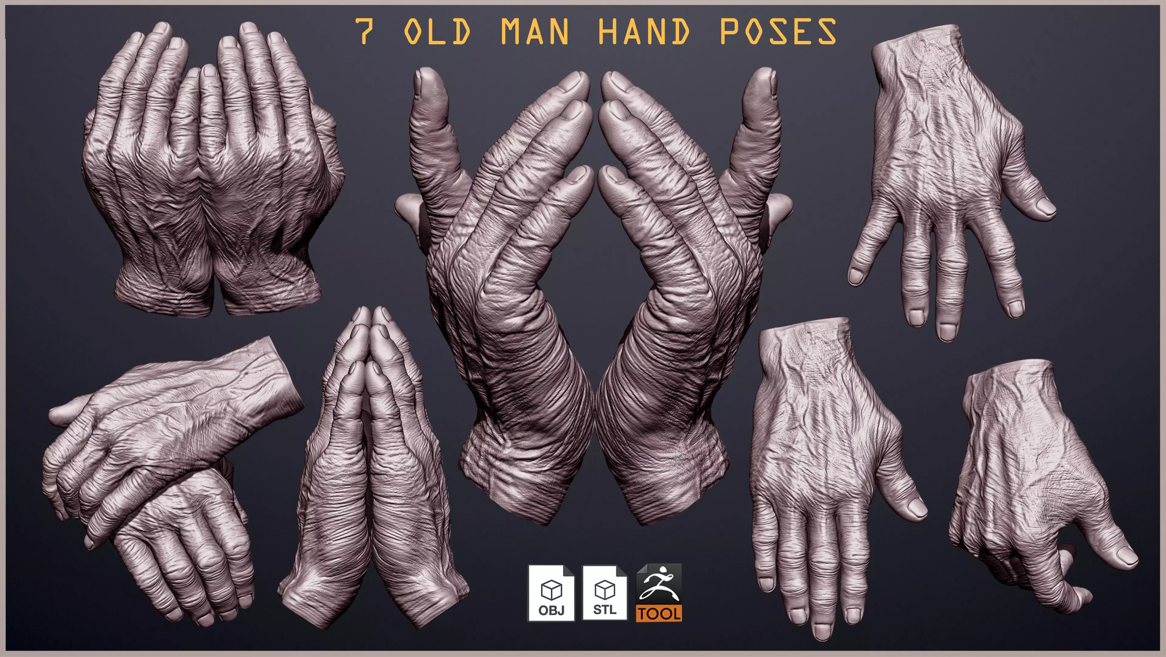 Old man hand poses 3D model_0