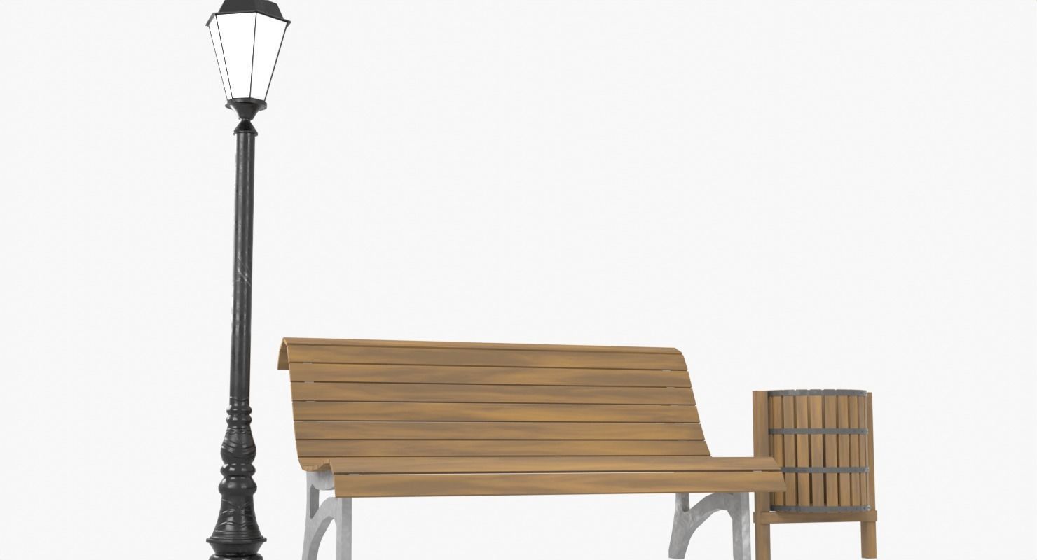 Park Lamp Post - Bench - Trash Low-poly 3D model_3