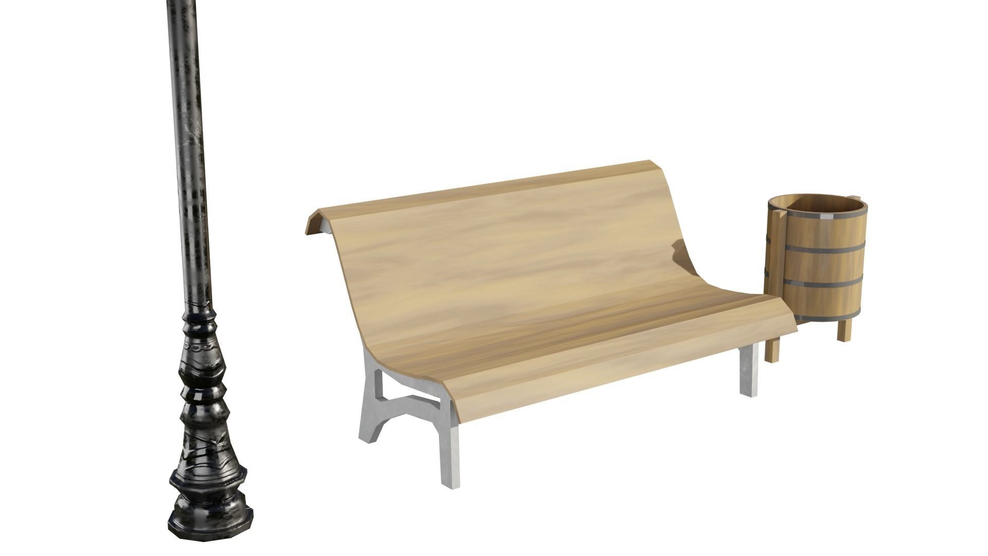 Park Lamp Post - Bench - Trash Low-poly 3D model_8
