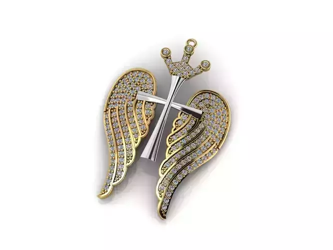 Angel Wings With Cross Diamond Stone Pendant 3DM - STL files  3D print model