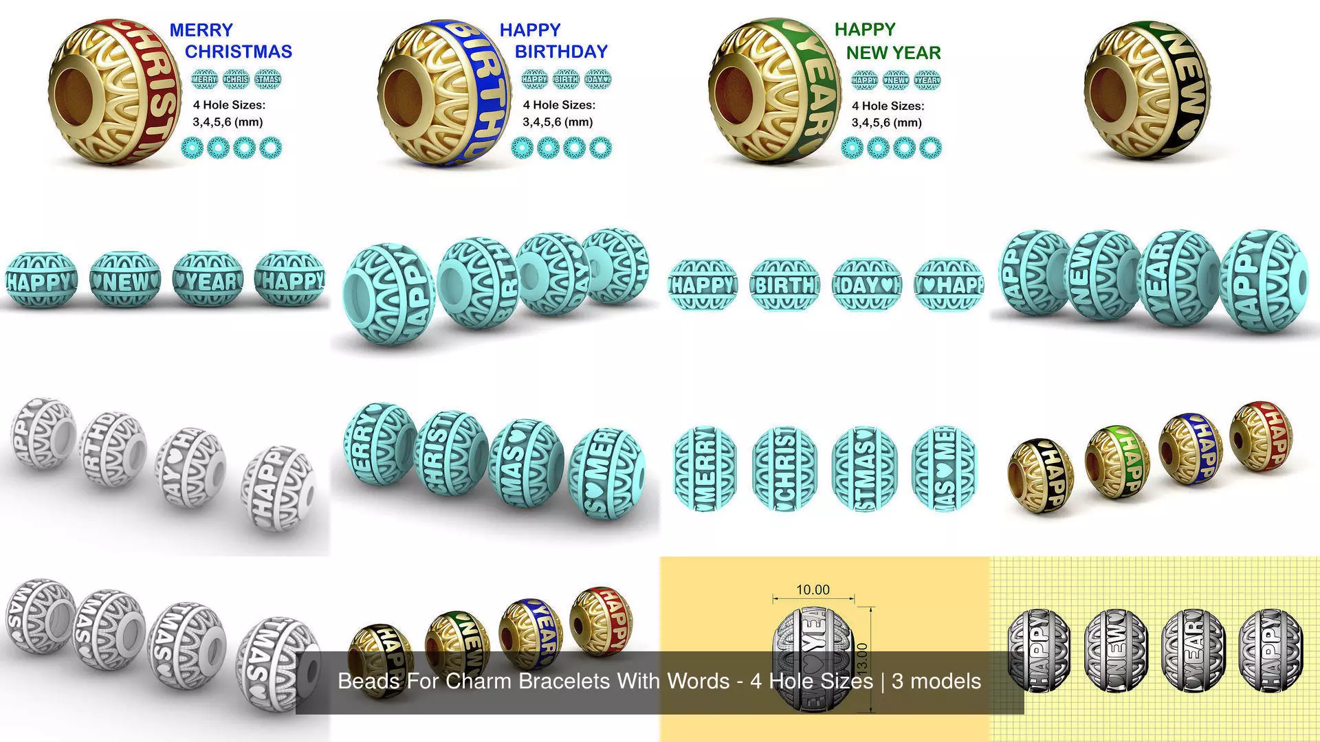 Beads For Charm Bracelets With Words - 4 Hole Sizes 3D Model Collection_1
