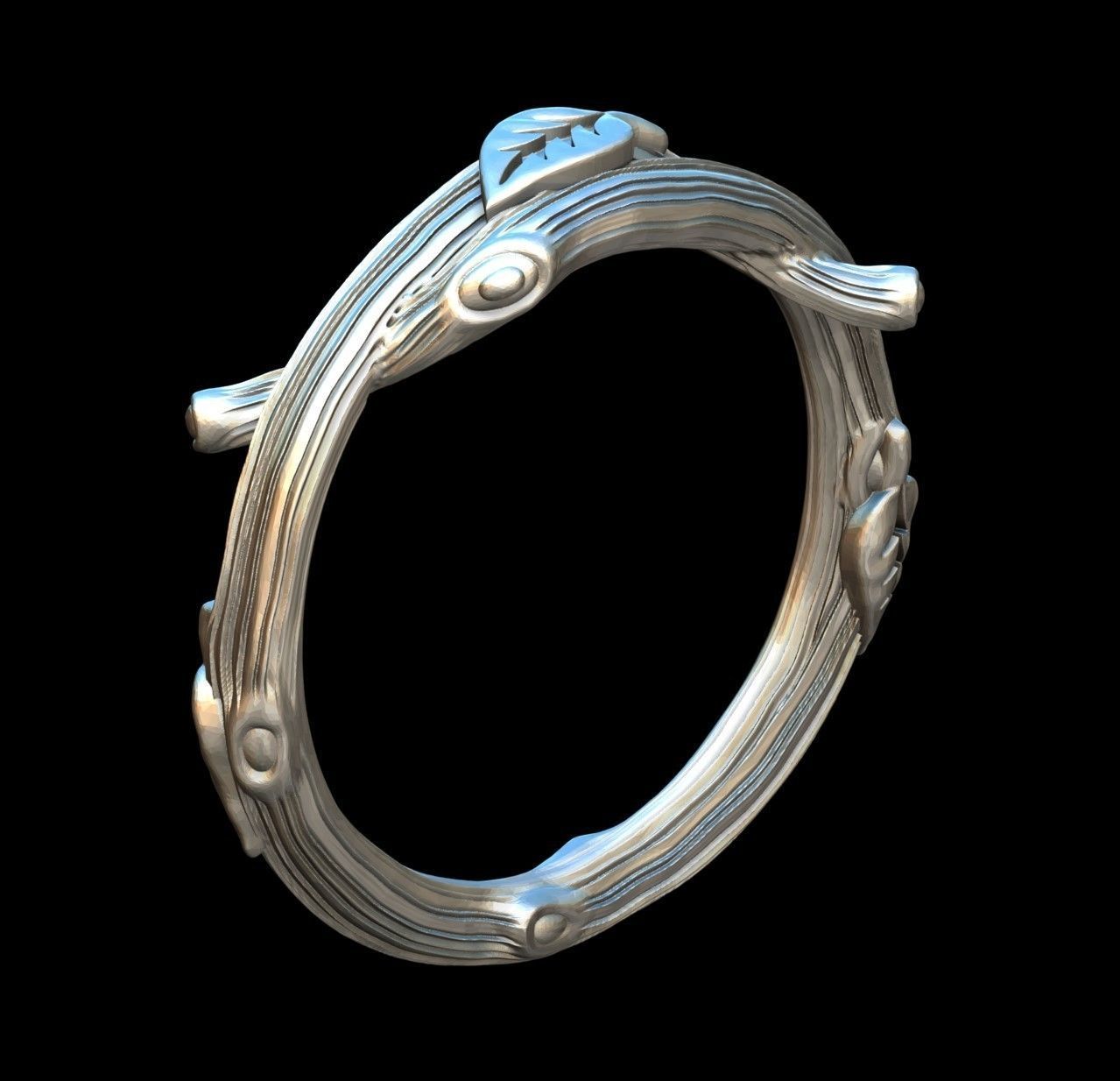 RING - TWIG WITH LEAVES - 2 VERSIONS 3D print model_9