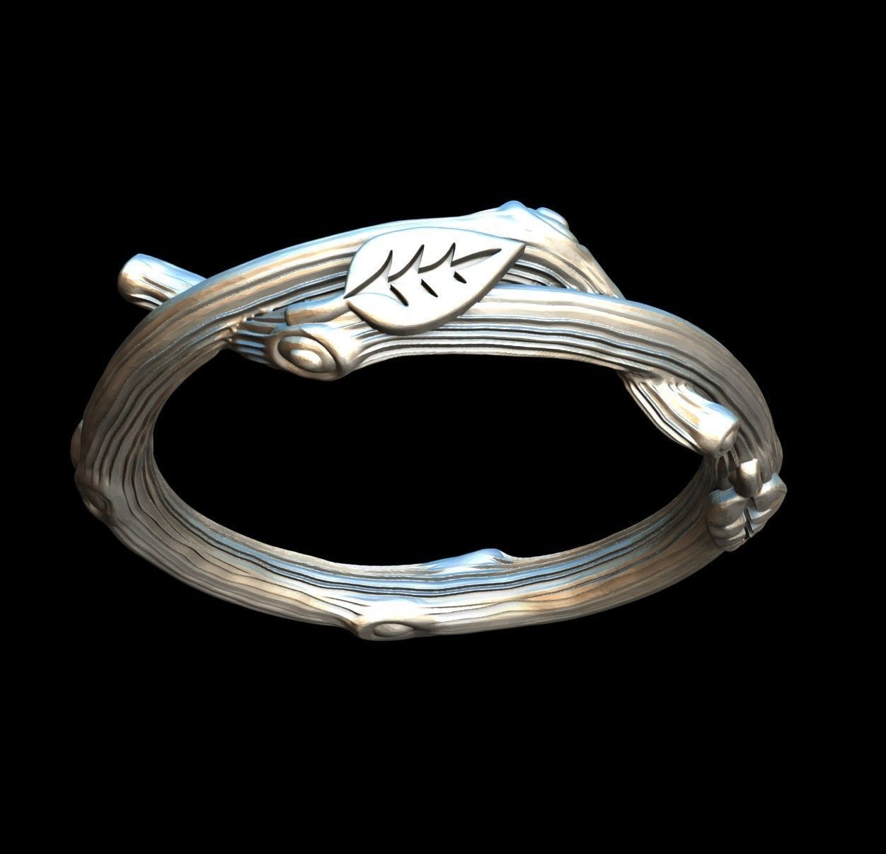 RING - TWIG WITH LEAVES - 2 VERSIONS 3D print model_7