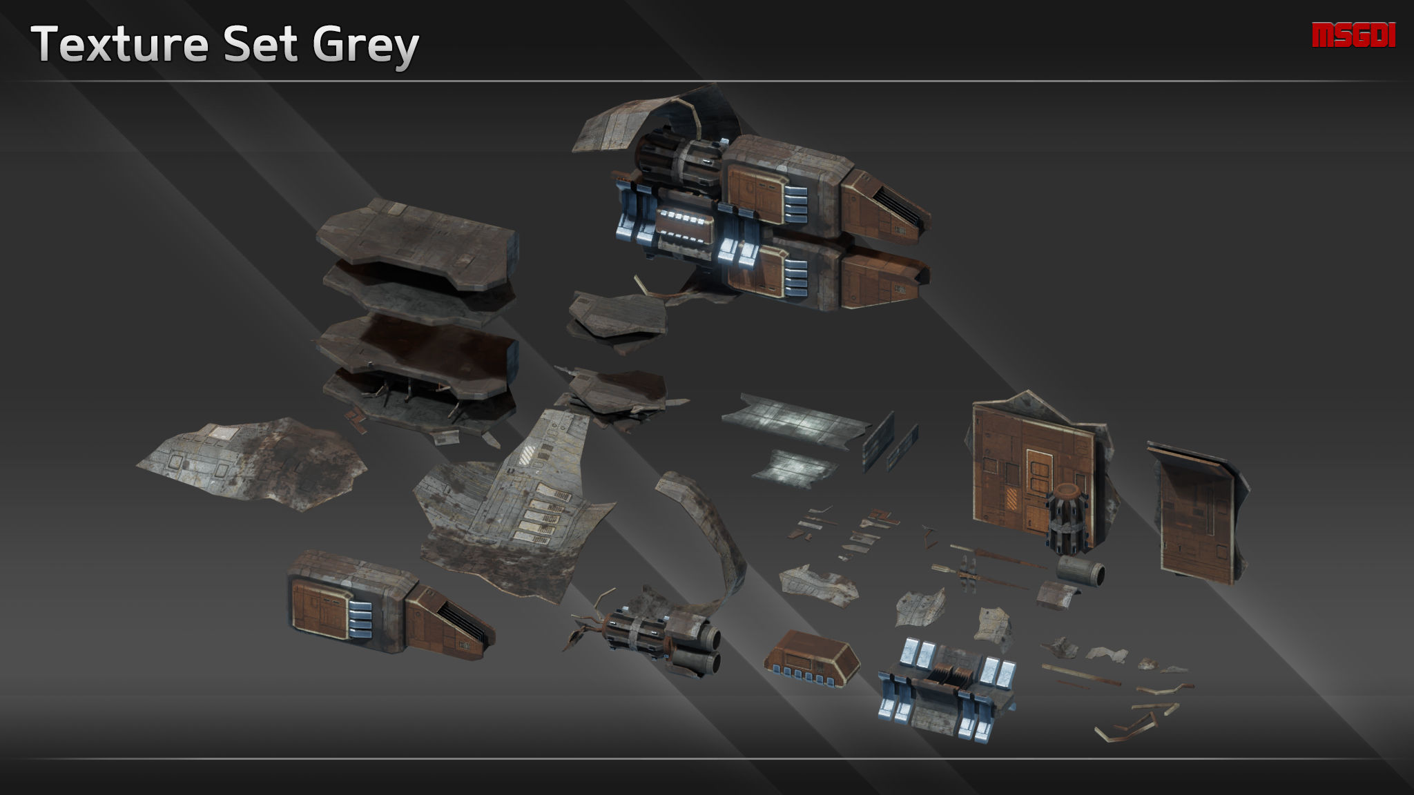 Scifi SpaceshipWreckage Debris Kit Low-poly 3D model_9