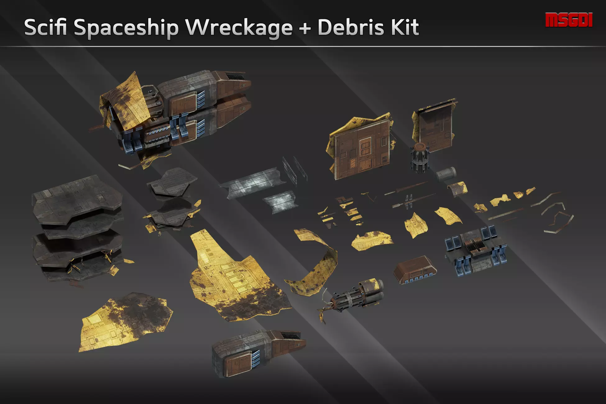 Scifi SpaceshipWreckage Debris Kit Low-poly 3D model_0