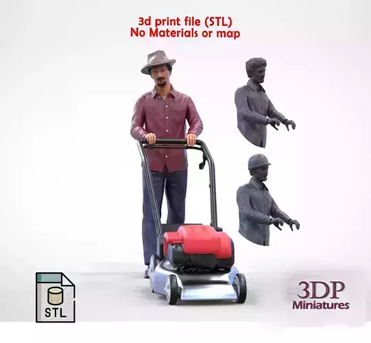 Guy with Lawnmower gardener or construction worker 3D print model
