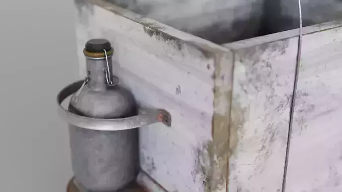 Metal bottle  leather bag and wooden hand box