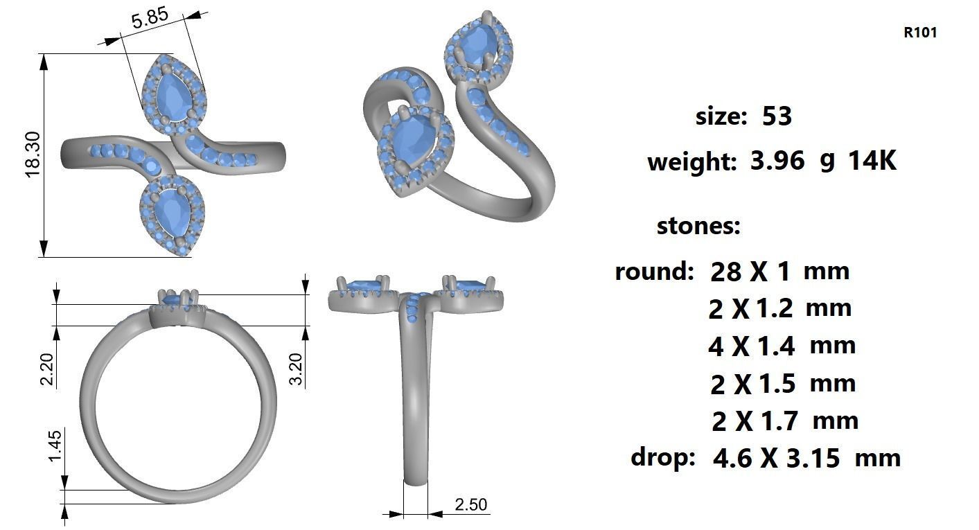 Drops Diamonds Open Ring 3D print model_1