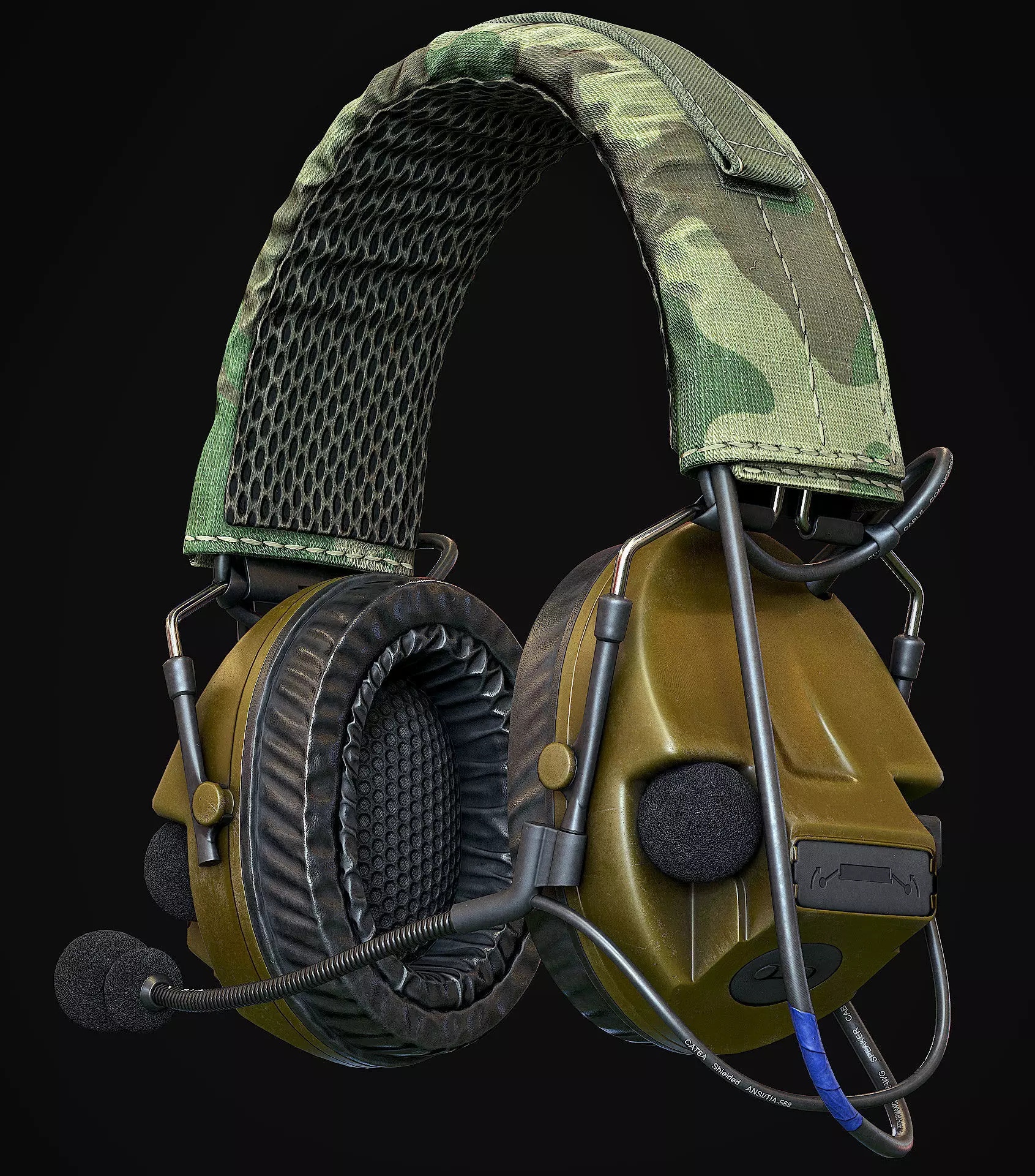 Game-Ready Headset camouflage with microphone Low-poly 3D model