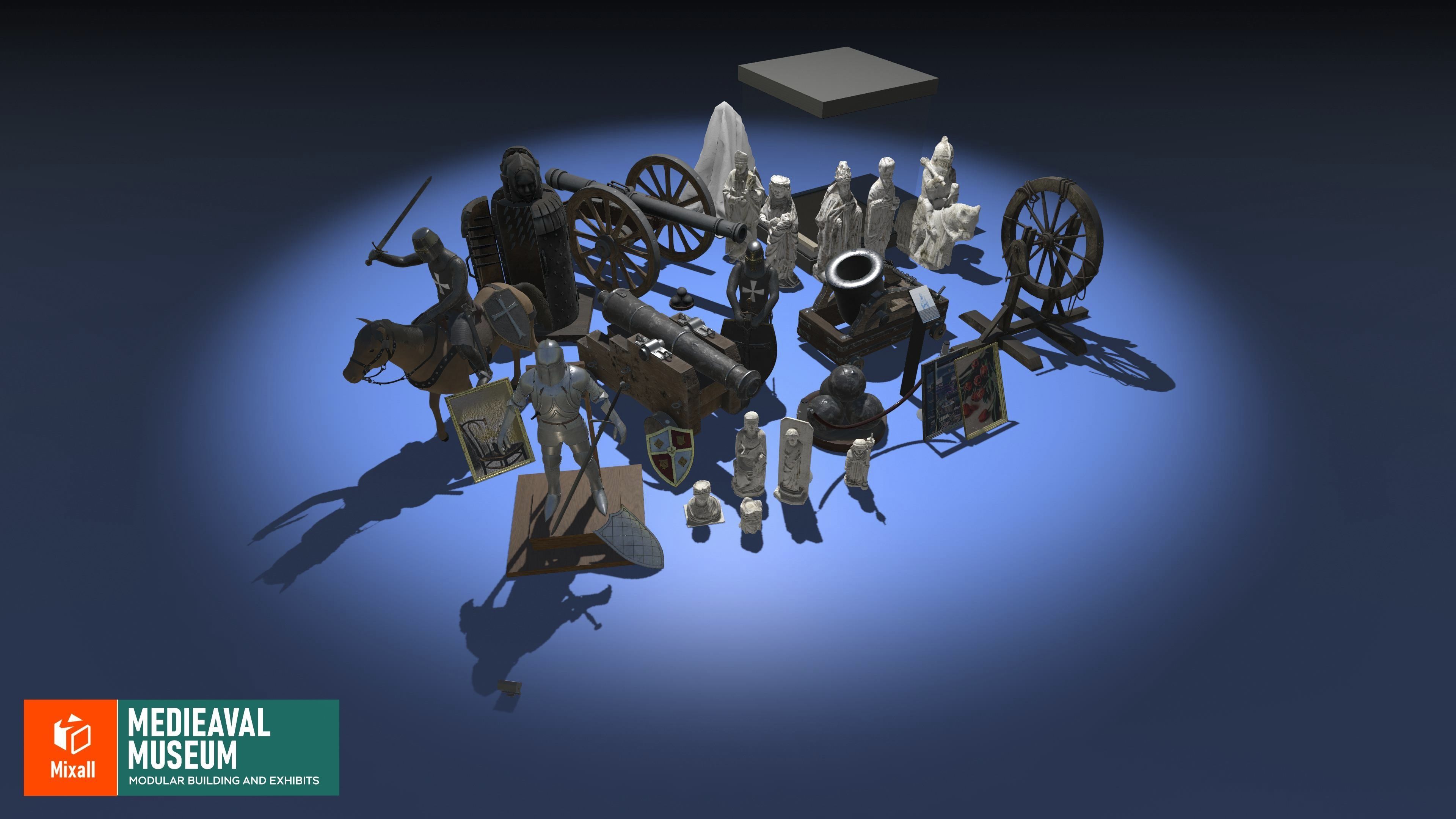 Medieval museum - modular building and exhibits Low-poly 3D model_7