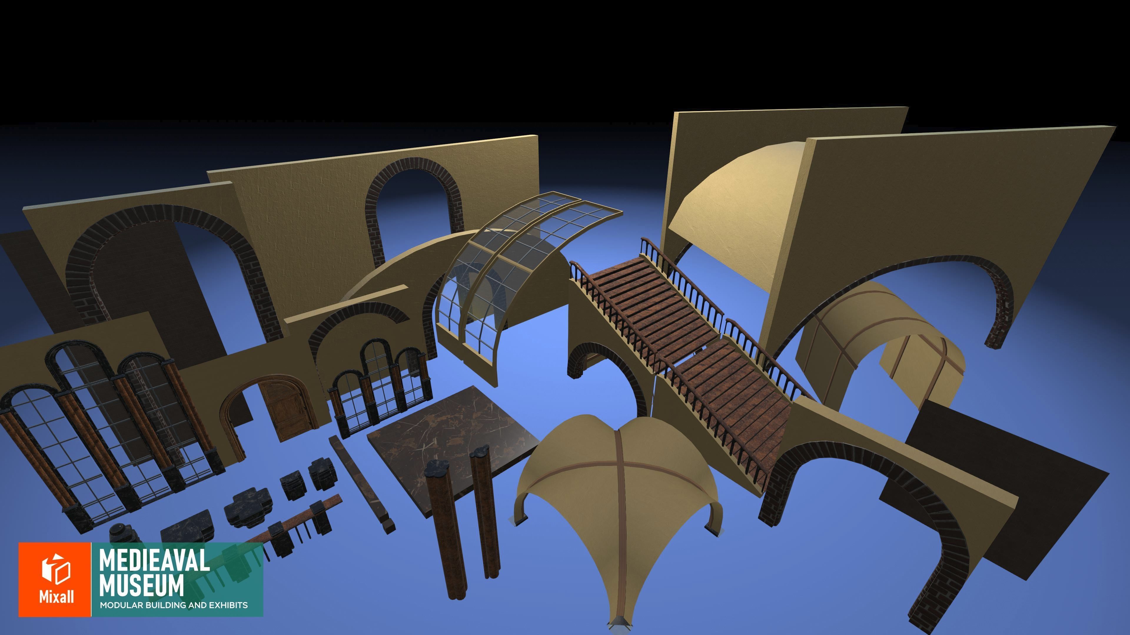 Medieval museum - modular building and exhibits Low-poly 3D model_8