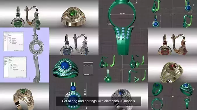 Set of ring and earrings with diamonds 3D Model Collection